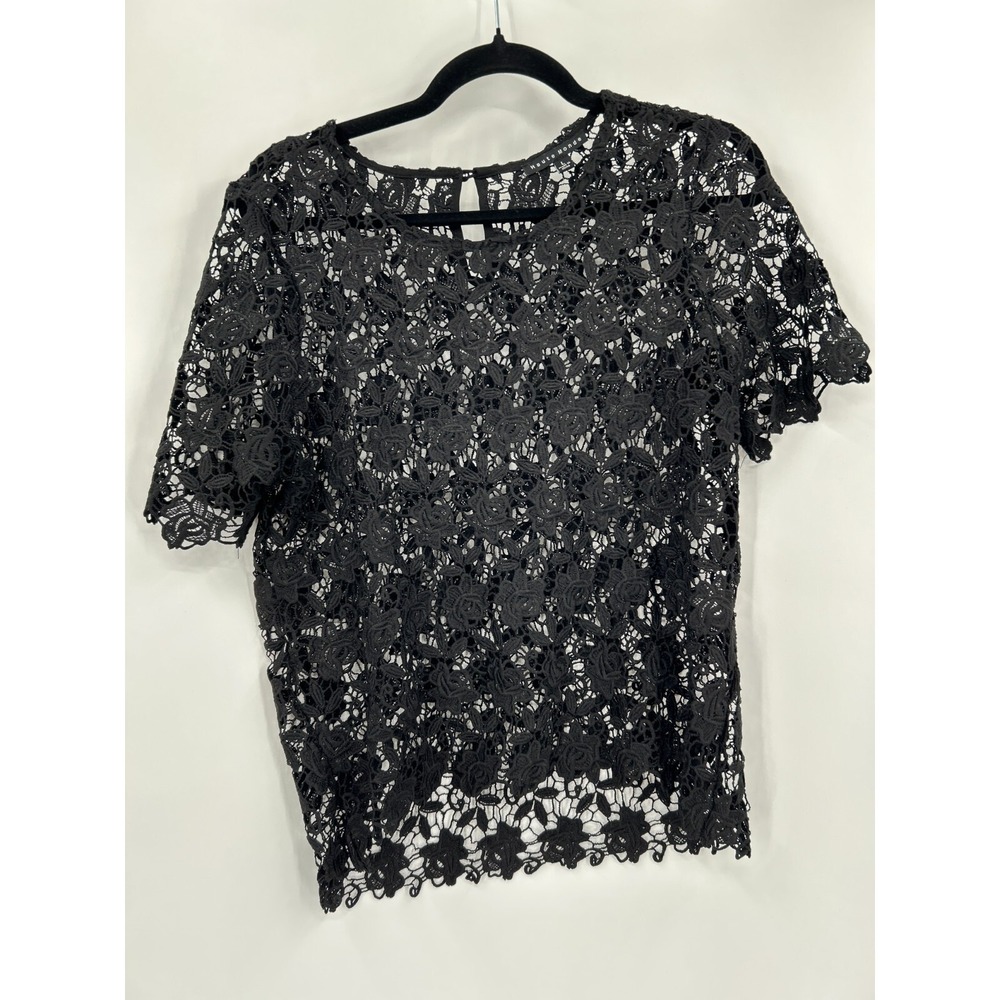 Haute Monde Womens Size L Black Lace Sheer Whimsigoth Dark Grung Coquette Top